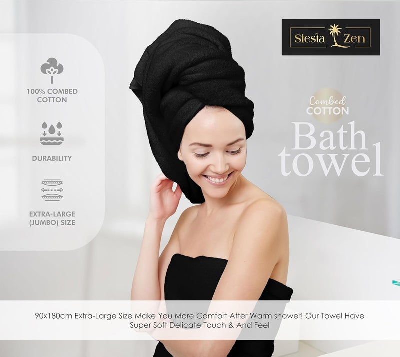 Siesta Zen Set of 2 Jumbo Bath Towels 600 GSM 100% Combed Cotton Extra Large (90x180cm) Black - Image 4